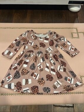 Girls' Long Sleeve Tan Dress with Leopard Pumpkin & Coffee Cup Print 🐆☕️🎃